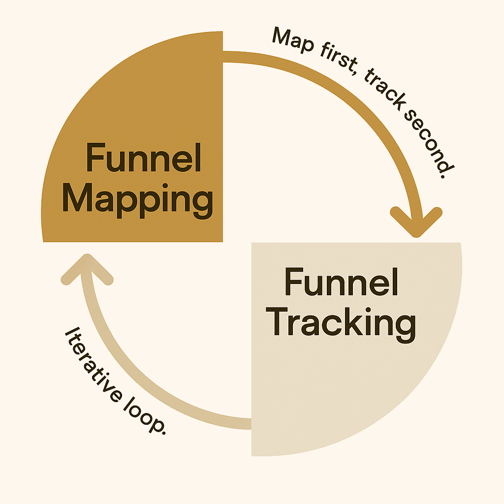 Funnel Iteration Loop – Strategy Execution Cycle (Debbaut.Solutions) Diagram showing the funnel iteration loop used in execution governance: map → tag → track → test → decide → re-map. Designed in gold, brown, and cream.