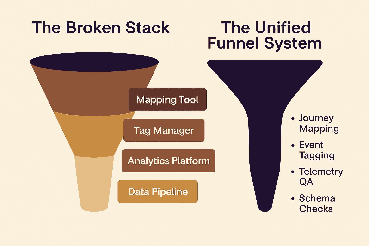 Broken Funnel Stack vs. Unified Execution System – Debbaut.Solutions Visual Comparison between fragmented funnel tooling and a unified system like UserFlow360 and SDK Data Bridge. The left side shows disjointed platforms, the right side shows a seamless mapping-to-telemetry loop.