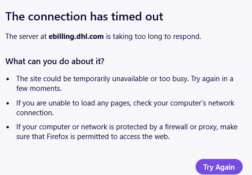 DHL eBilling payment portal connection timeout while attempting to access a disputed EUR 44 import charge