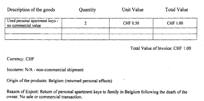 pro-forma invoice for DHL Express in Switzerland that was considered as an online eCommerce sale