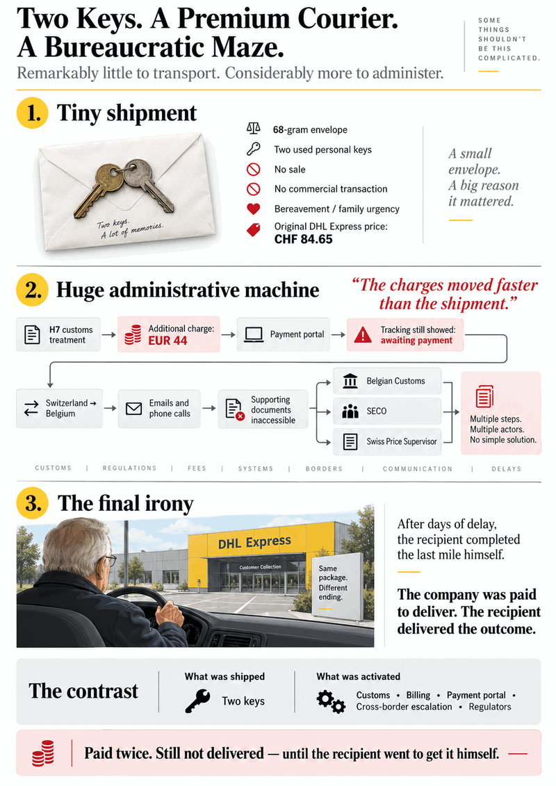 Infographic showing two used keys sent by DHL Express following the death of the owner, an H7 customs charge, payment hold and the elderly recipient collecting the shipment himself. Infographic showing two used keys sent by DHL Express following the death of the owner, an H7 customs charge, payment hold and the elderly recipient collecting the shipment himself.